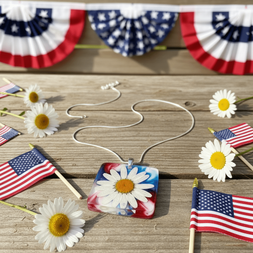 Americana Daisy Resin Necklace – Red, White & Blue Floral Pendant - The Glossy Gift Shop