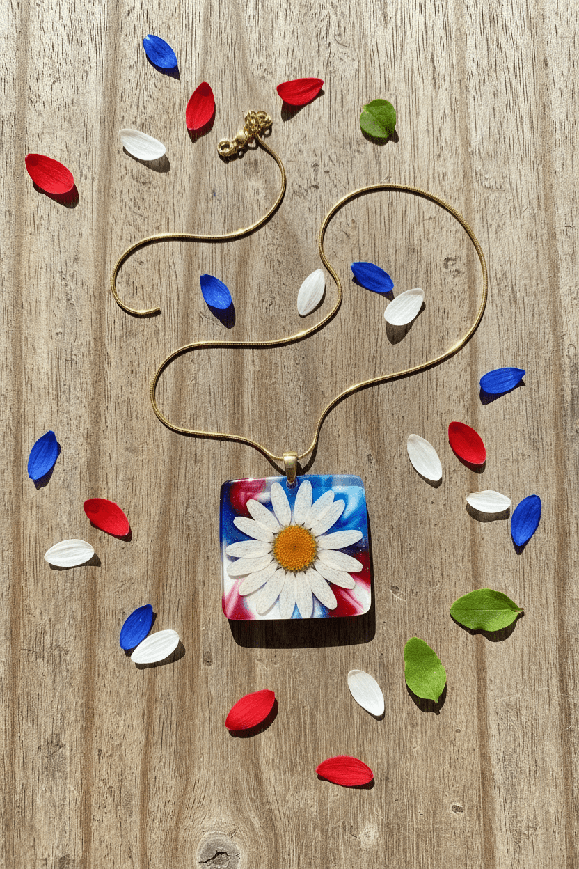 Americana Daisy Resin Necklace – Red, White & Blue Floral Pendant - The Glossy Gift Shop