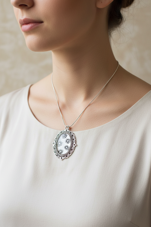 Antique Oval Daisy Pendant on Model