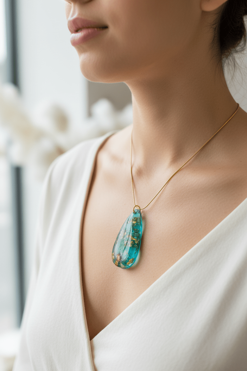 Aqua & Gold Leaf Resin Teardrop Necklace – Handmade Coastal Jewelry - The Glossy Gift Shop