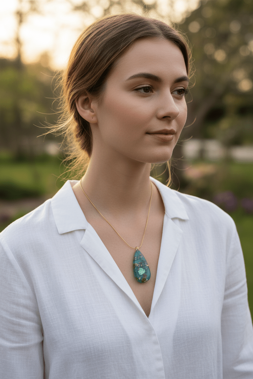 Aqua & Gold Leaf Resin Teardrop Necklace – Handmade Coastal Jewelry - The Glossy Gift Shop