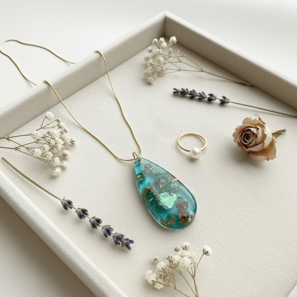 Aqua & Gold Leaf Resin Teardrop Necklace – Handmade Coastal Jewelry - The Glossy Gift Shop