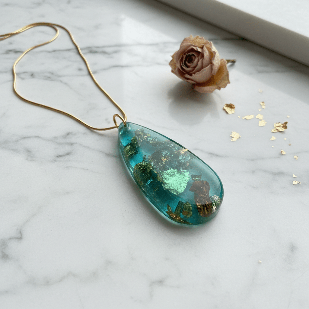 Aqua & Gold Leaf Resin Teardrop Necklace – Handmade Coastal Jewelry - The Glossy Gift Shop