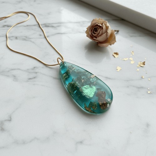 Aqua & Gold Leaf Resin Teardrop Necklace – Handmade Coastal Jewelry - The Glossy Gift Shop