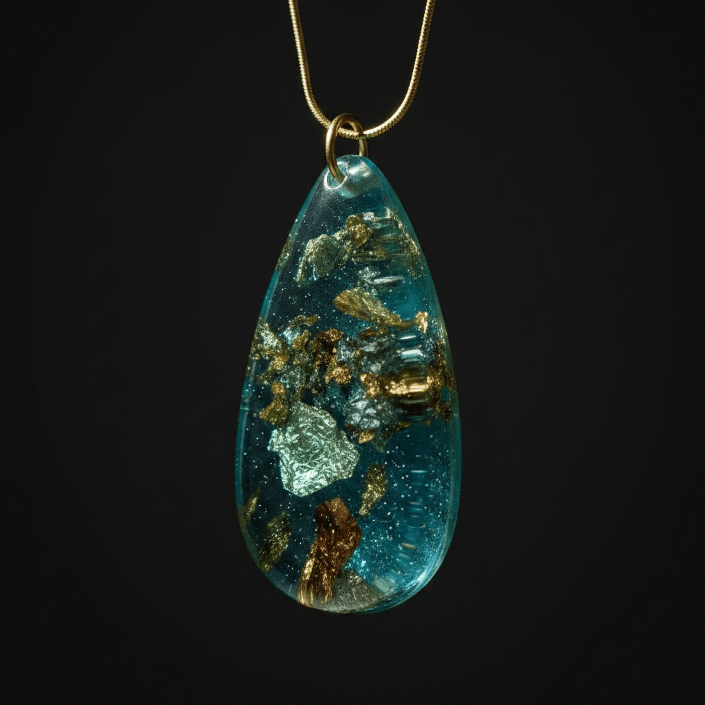 Aqua & Gold Leaf Resin Teardrop Necklace – Handmade Coastal Jewelry - The Glossy Gift Shop