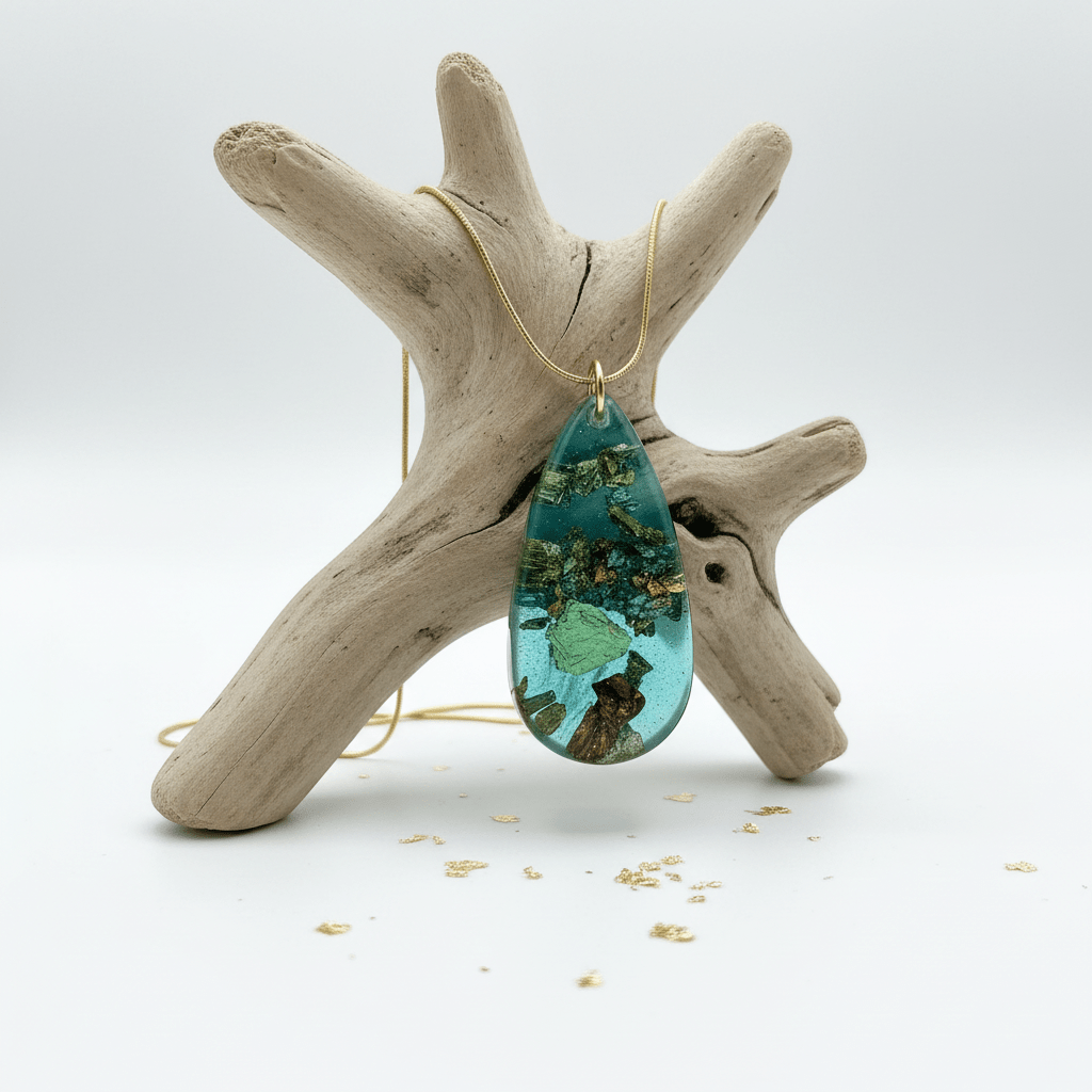 Aqua & Gold Leaf Resin Teardrop Necklace – Handmade Coastal Jewelry - The Glossy Gift Shop