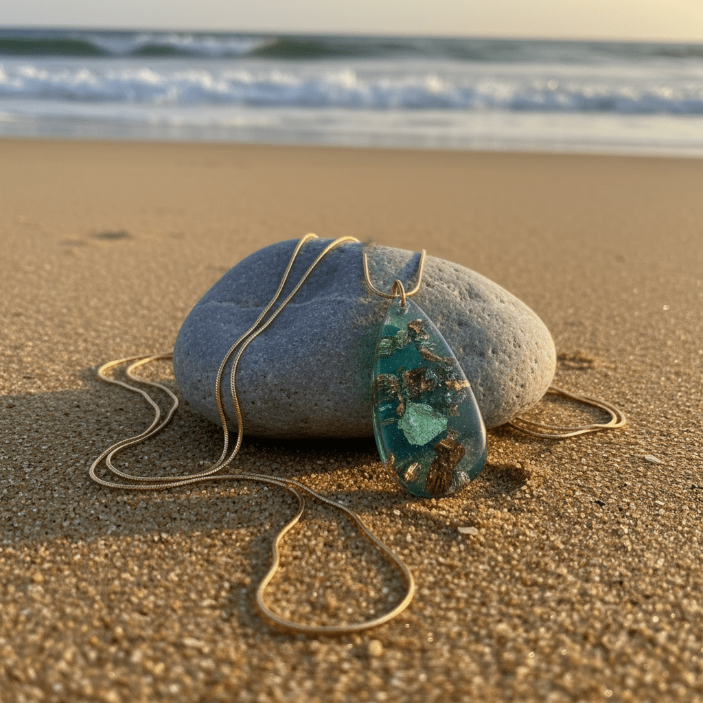 Aqua & Gold Leaf Resin Teardrop Necklace – Handmade Coastal Jewelry - The Glossy Gift Shop
