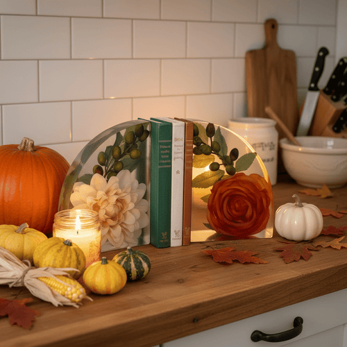 Autumn Floral Resin Bookends – Handmade Fall Bookshelf Decor - The Glossy Gift Shop