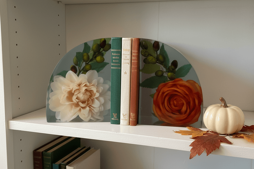 Autumn Floral Resin Bookends – Handmade Fall Bookshelf Decor - The Glossy Gift Shop