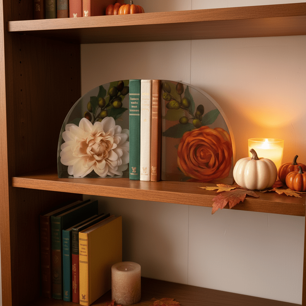 Autumn Floral Resin Bookends – Handmade Fall Bookshelf Decor - The Glossy Gift Shop