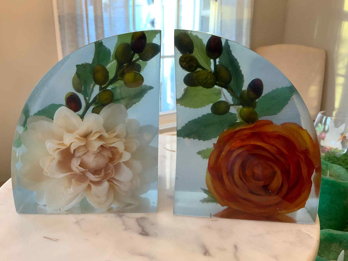 Autumn Floral Resin Bookends – Handmade Fall Bookshelf Decor - The Glossy Gift Shop