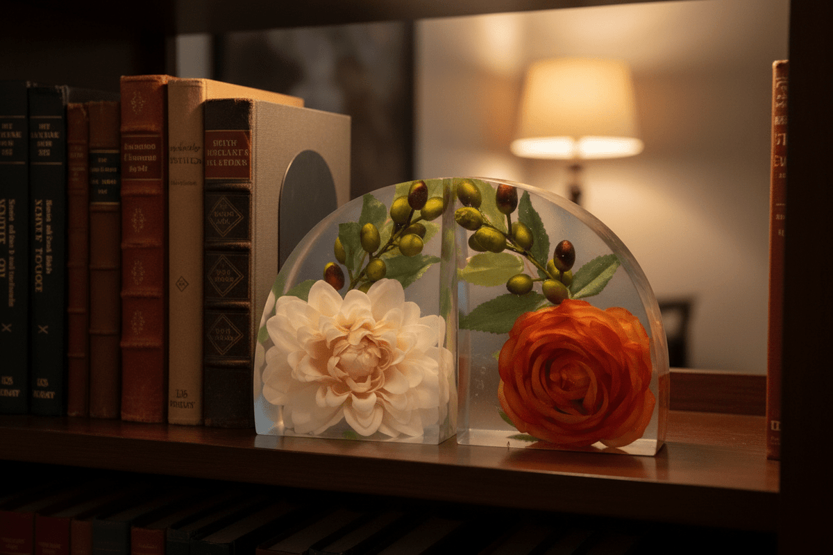 Autumn Floral Resin Bookends – Handmade Fall Bookshelf Decor - The Glossy Gift Shop