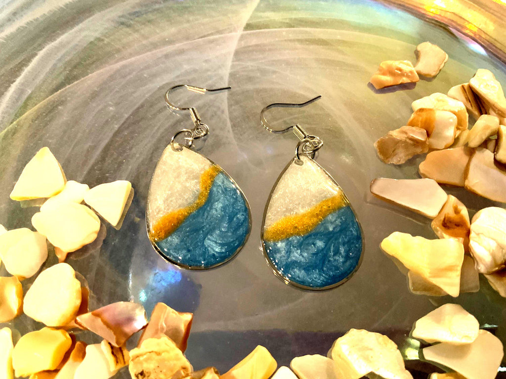 Blue and White Tear drop Silver Earrings