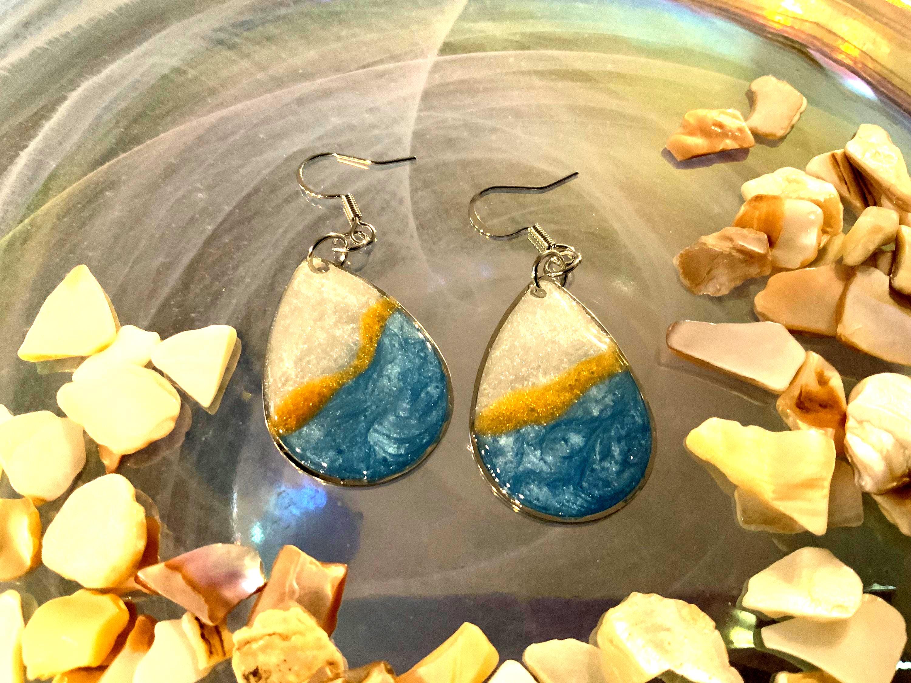 Blue and White Tear drop Silver Earrings