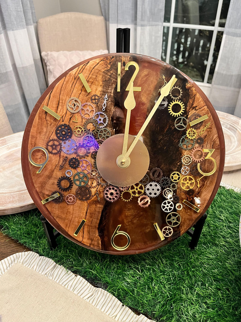 Resin Black Walnut Gears Clock: Gold Accents, Modern Decor (12 inch)