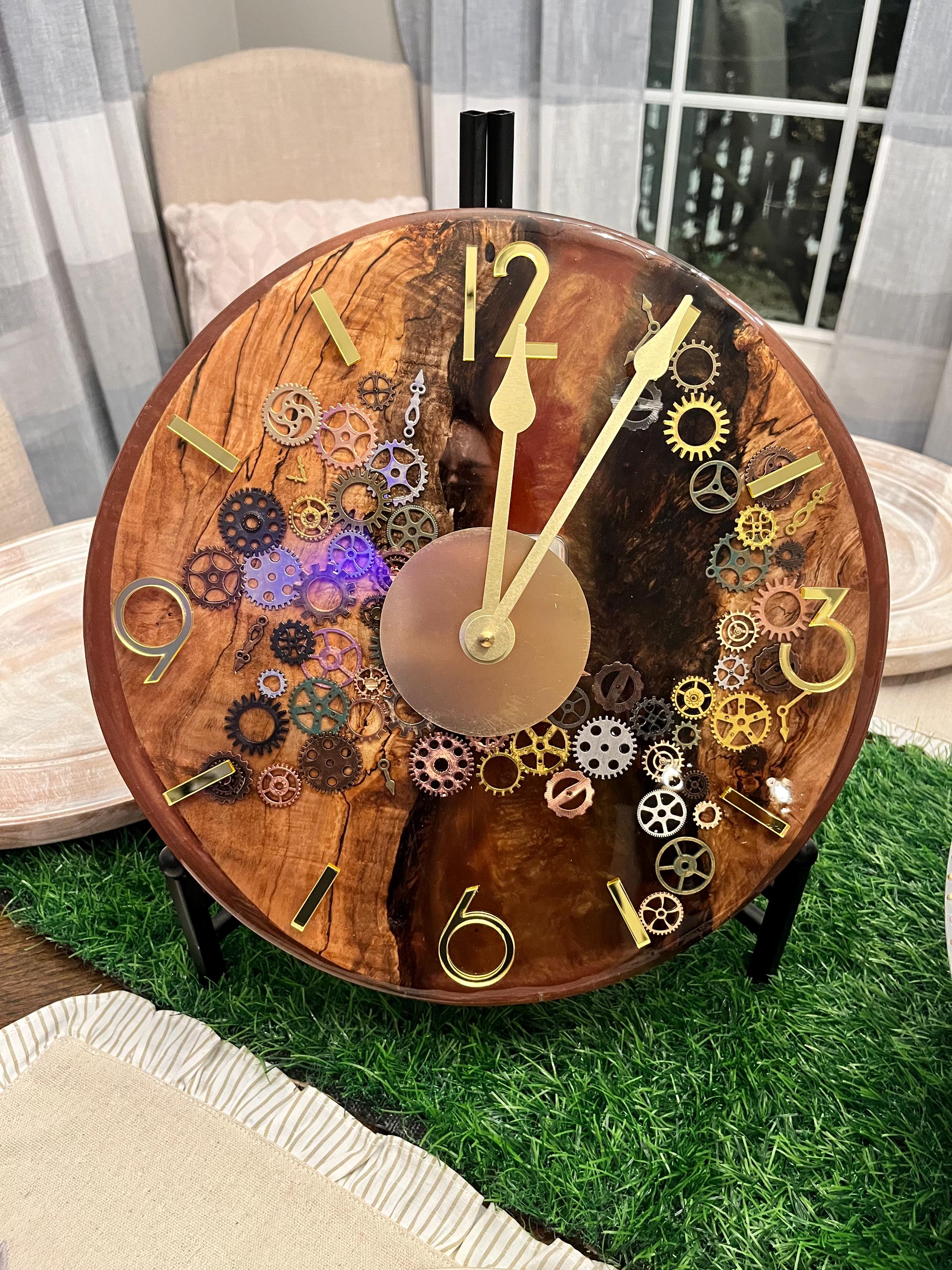 Resin Black Walnut Gears Clock: Gold Accents, Modern Decor (12 inch)