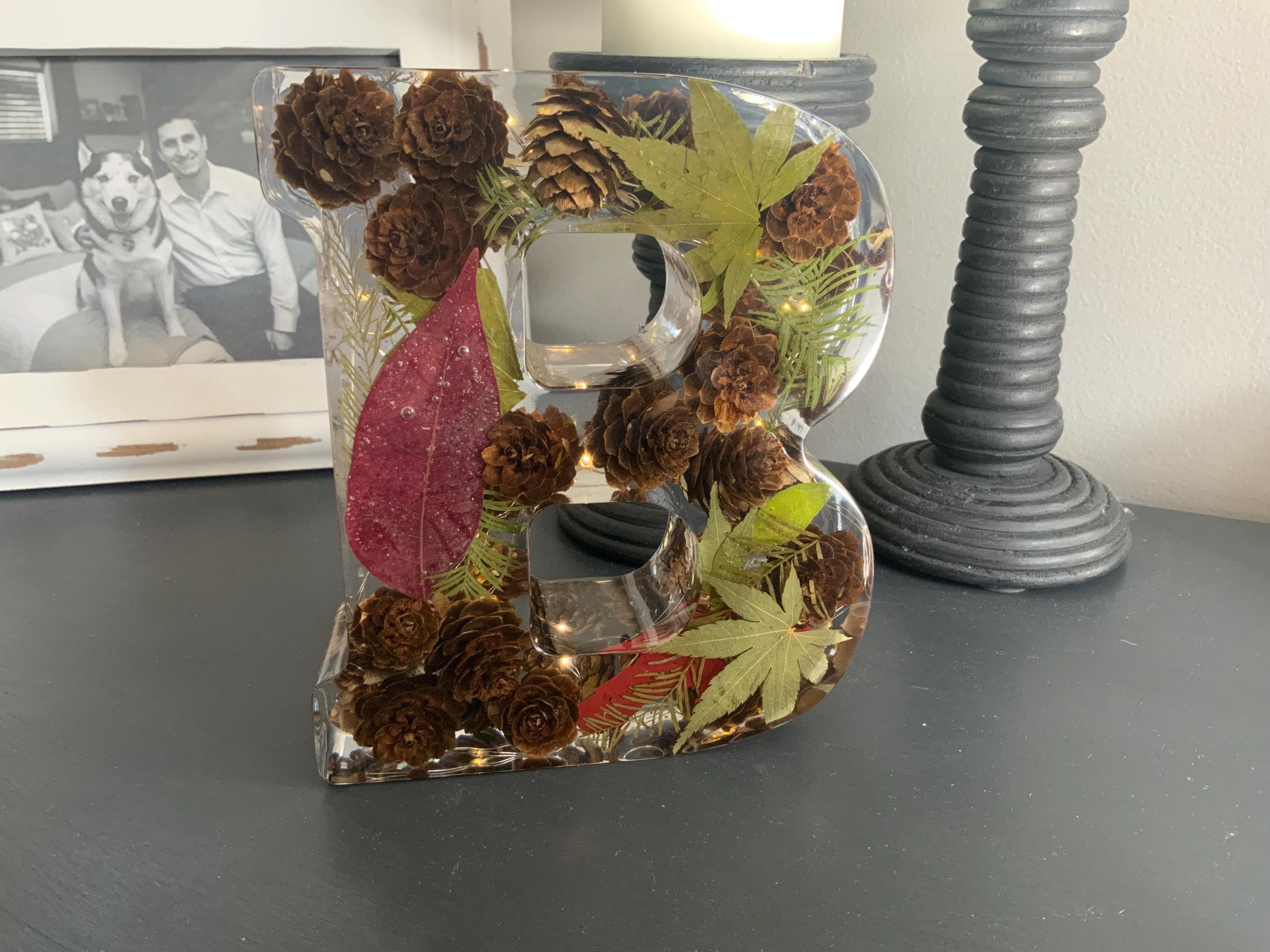 Handmade Resin Lighted Letter – Pinecone & Leaves Night Light Decor