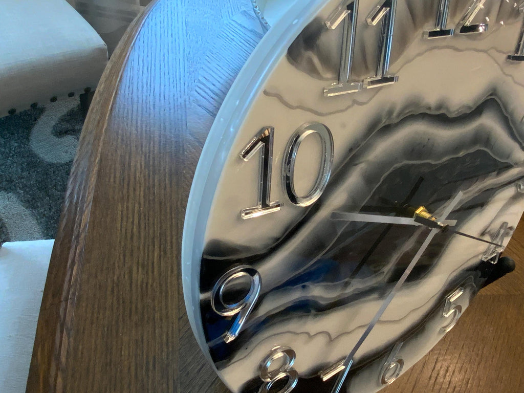 Modern Marbleized Clock: Black, Grey & Silver - 12" Diameter
