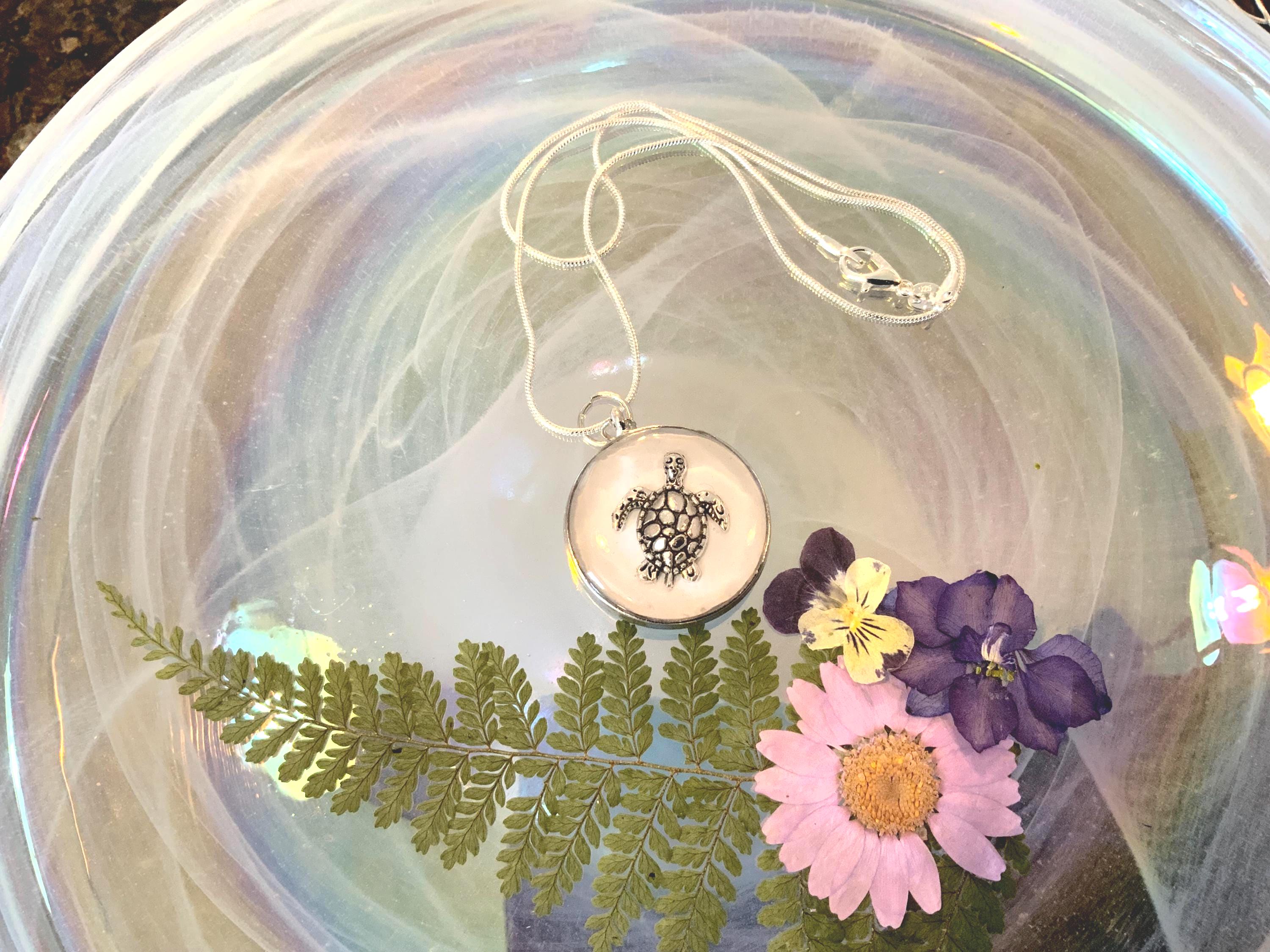 White Turtle Pendant with Silver Snake Chain