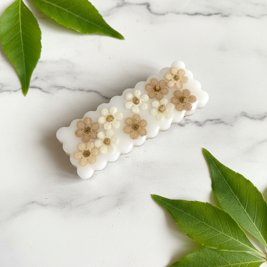 Beige Cream White Pressed Flower Hair Clip