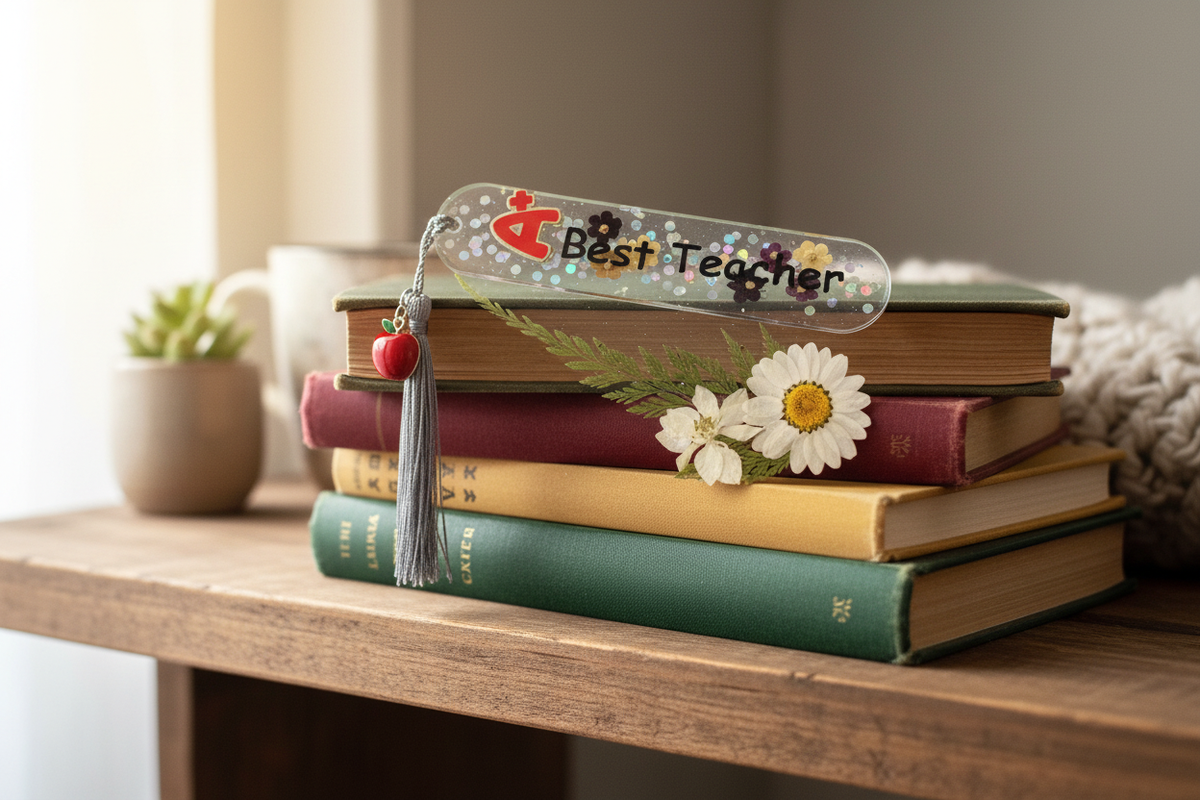 Best Teacher Bookmark - Cozy Reading Nook Book Stack