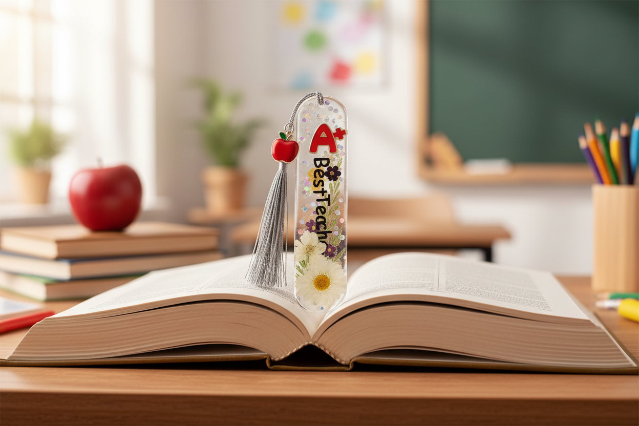 Best Teacher Bookmark - Teacher's Desk in Book