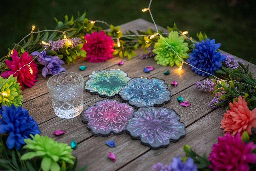 Black Floral Resin Coasters – Handmade Set of 4 - The Glossy Gift Shop