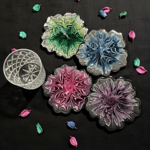 Black Floral Resin Coasters – Handmade Set of 4 - The Glossy Gift Shop