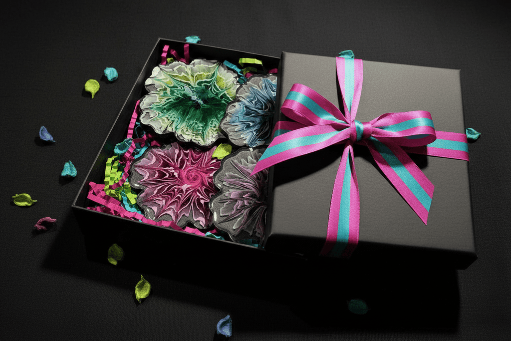 Black Floral Resin Coasters – Handmade Set of 4 - The Glossy Gift Shop