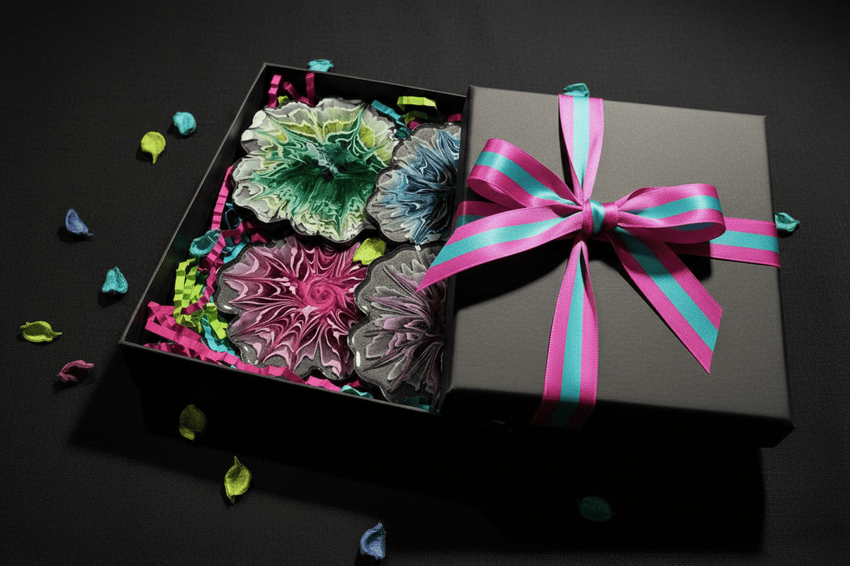 Black Floral Resin Coasters – Handmade Set of 4 - The Glossy Gift Shop