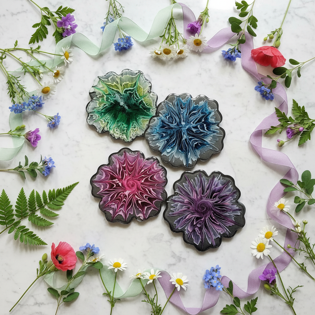 Black Floral Resin Coasters – Handmade Set of 4 - The Glossy Gift Shop