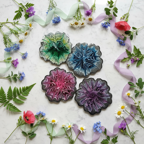 Black Floral Resin Coasters – Handmade Set of 4 - The Glossy Gift Shop