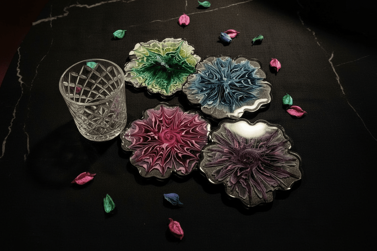 Black Floral Resin Coasters – Handmade Set of 4 - The Glossy Gift Shop