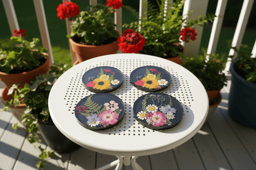 Black Pressed Flower Resin Coasters – Handmade Set of 4 - The Glossy Gift Shop