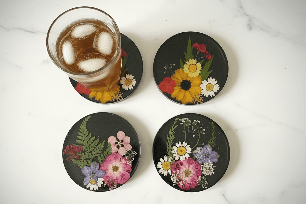 Black Pressed Flower Resin Coasters – Handmade Set of 4 - The Glossy Gift Shop