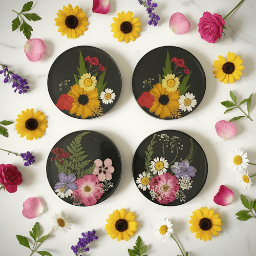 Black Pressed Flower Resin Coasters – Handmade Set of 4 - The Glossy Gift Shop