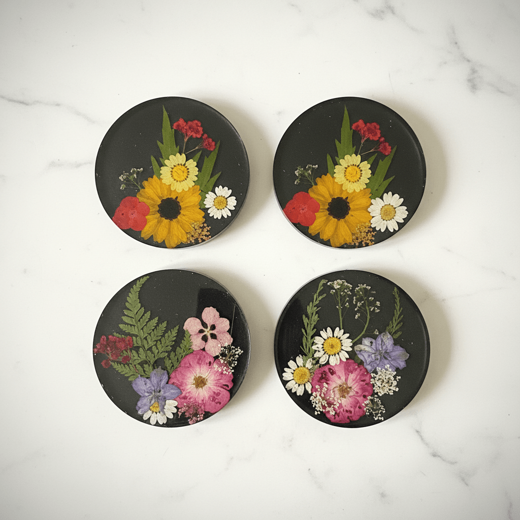 Black Pressed Flower Resin Coasters – Handmade Set of 4 - The Glossy Gift Shop