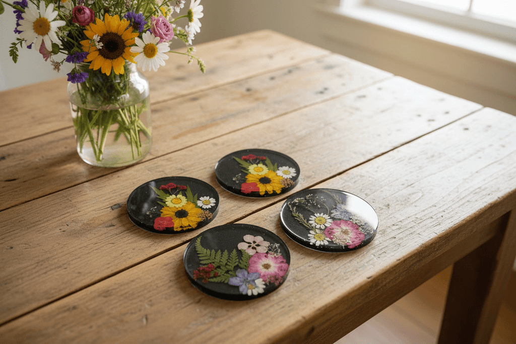 Black Pressed Flower Resin Coasters – Handmade Set of 4 - The Glossy Gift Shop