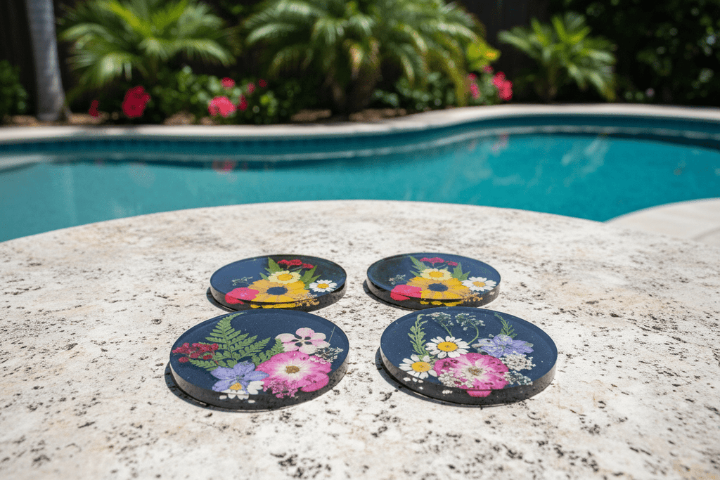 Black Pressed Flower Resin Coasters – Handmade Set of 4 - The Glossy Gift Shop