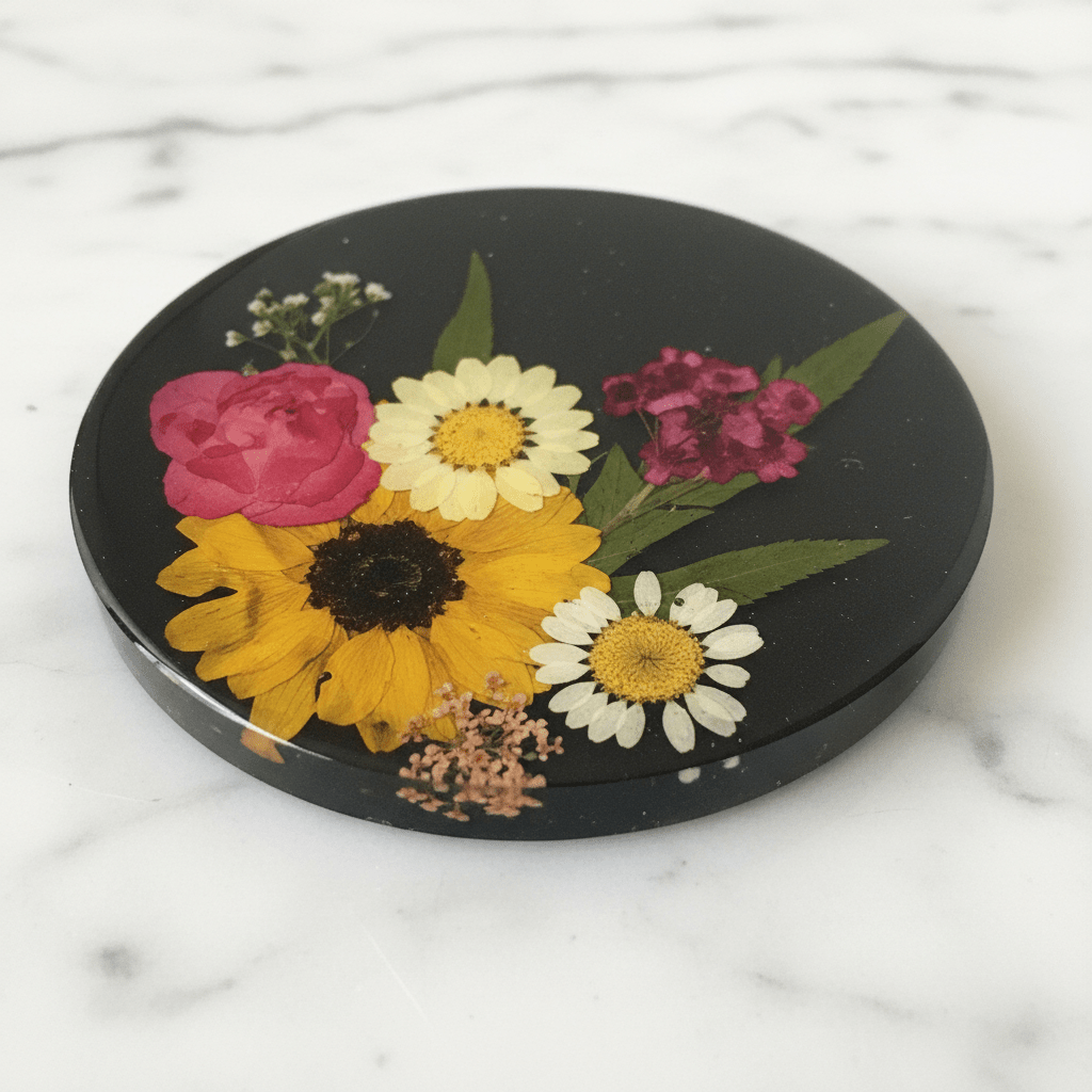 Black Pressed Flower Resin Coasters – Handmade Set of 4 - The Glossy Gift Shop