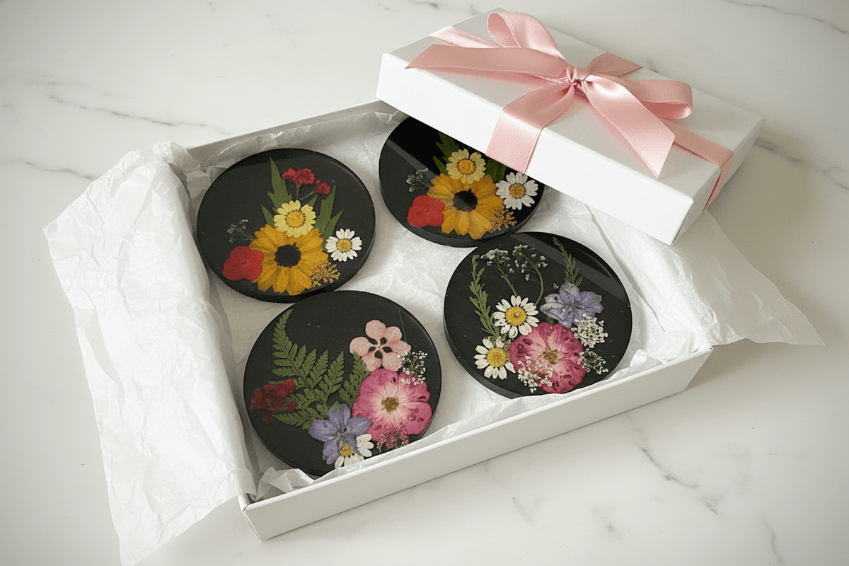 Black Pressed Flower Resin Coasters – Handmade Set of 4 - The Glossy Gift Shop