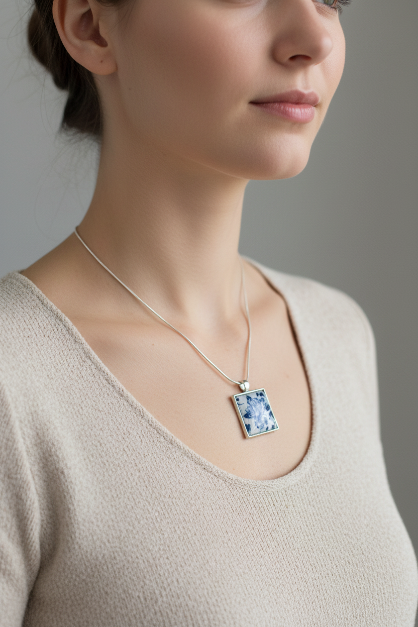 Blue Floral Pendant Necklace on Model
