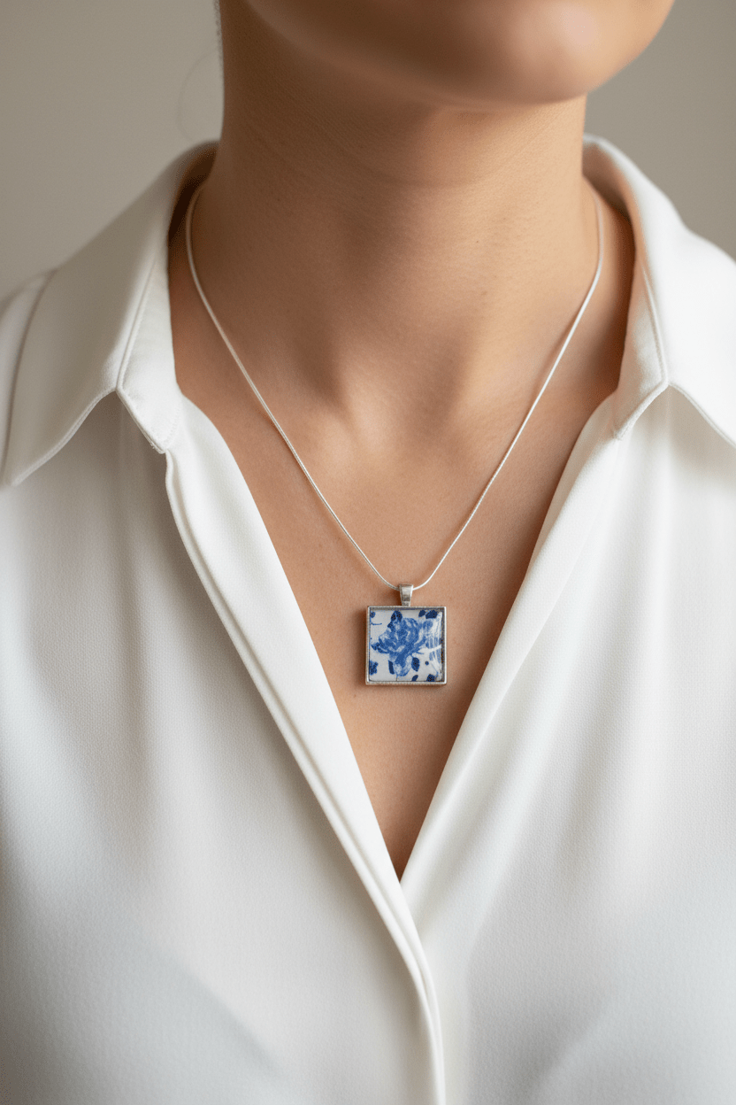 Blue Floral Resin Square Pendant Necklace – Handmade Jewelry - The Glossy Gift Shop