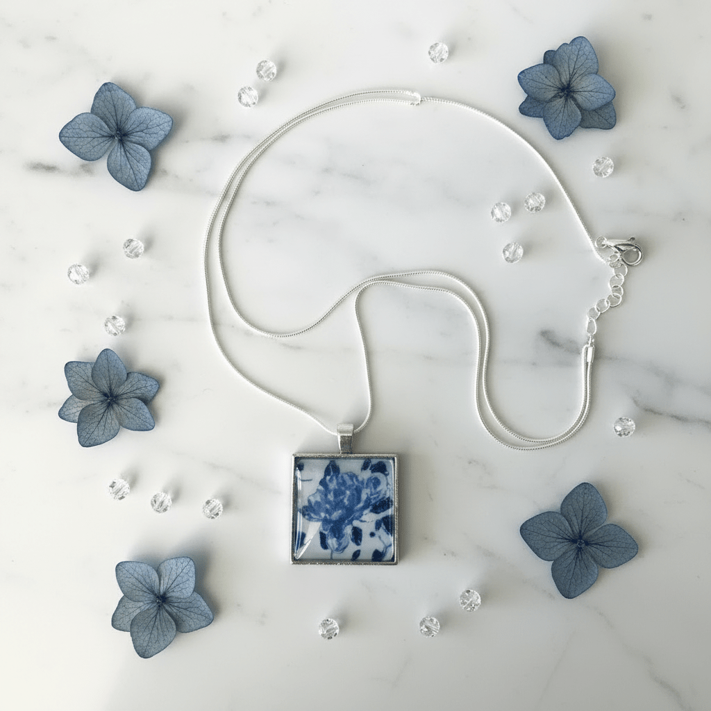 Blue Floral Resin Square Pendant Necklace – Handmade Jewelry - The Glossy Gift Shop