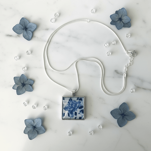 Blue Floral Resin Square Pendant Necklace – Handmade Jewelry - The Glossy Gift Shop