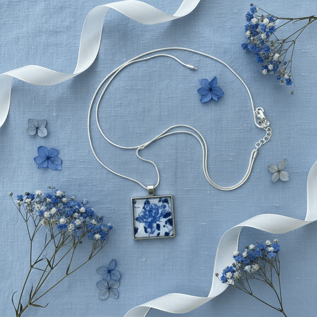 Blue Floral Resin Square Pendant Necklace – Handmade Jewelry - The Glossy Gift Shop