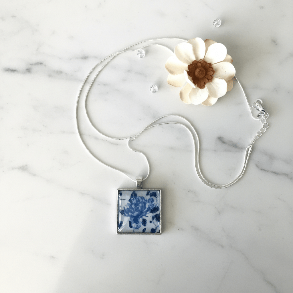 Blue Floral Resin Square Pendant Necklace – Handmade Jewelry - The Glossy Gift Shop