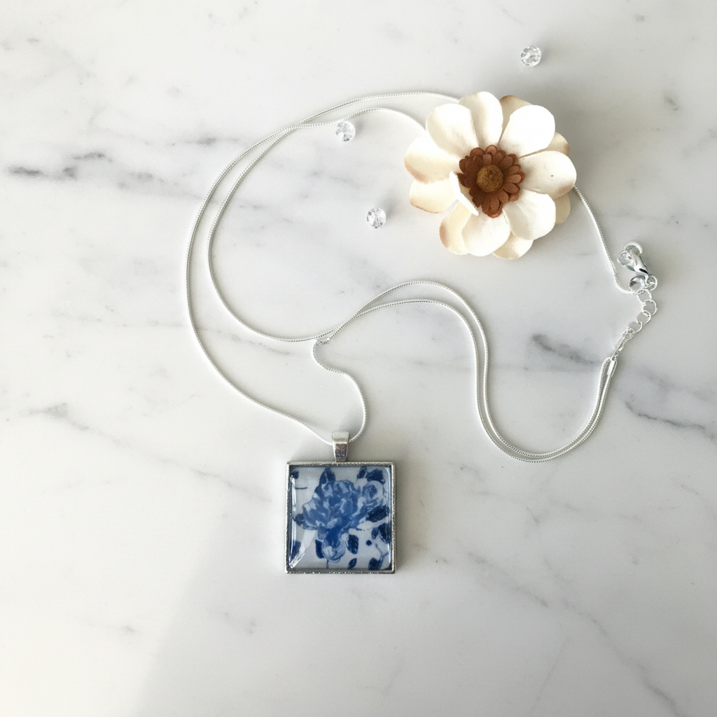 Blue Floral Square Pendant Necklace