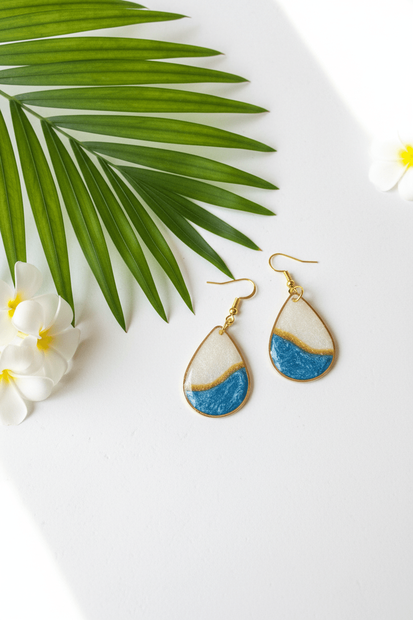 Blue & White Resin Teardrop Earrings – Gold-Plated Handmade Jewelry - The Glossy Gift Shop