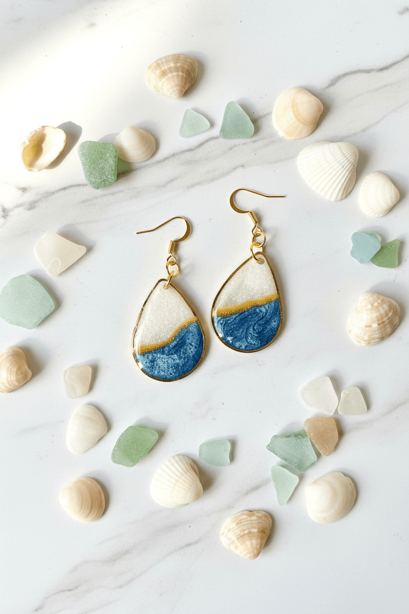 Blue & White Resin Teardrop Earrings – Gold-Plated Handmade Jewelry - The Glossy Gift Shop